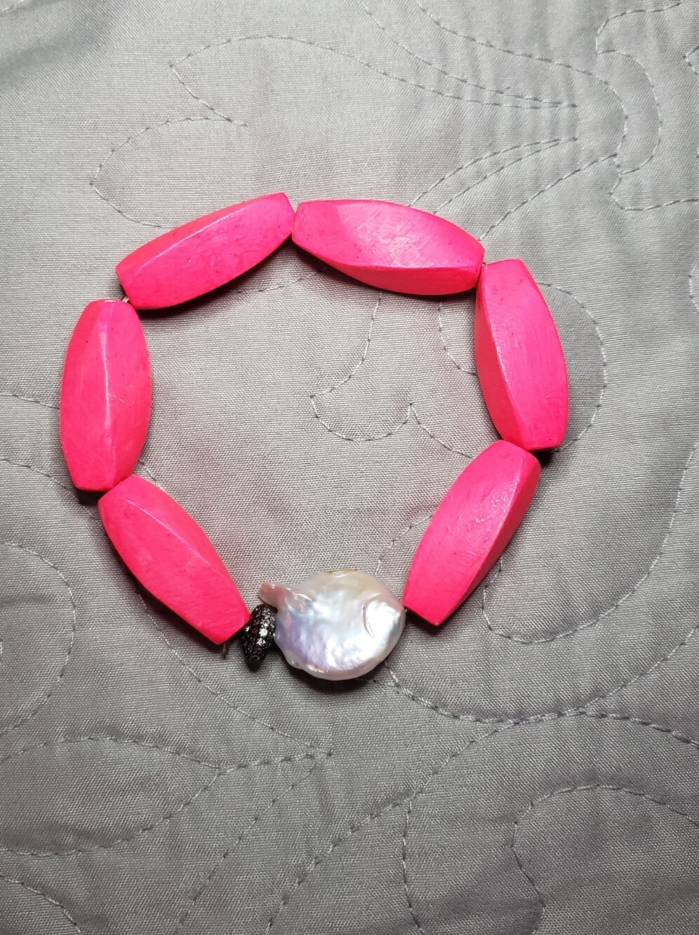 Hot Pink Wood Beaded Stretchy Bracelet
